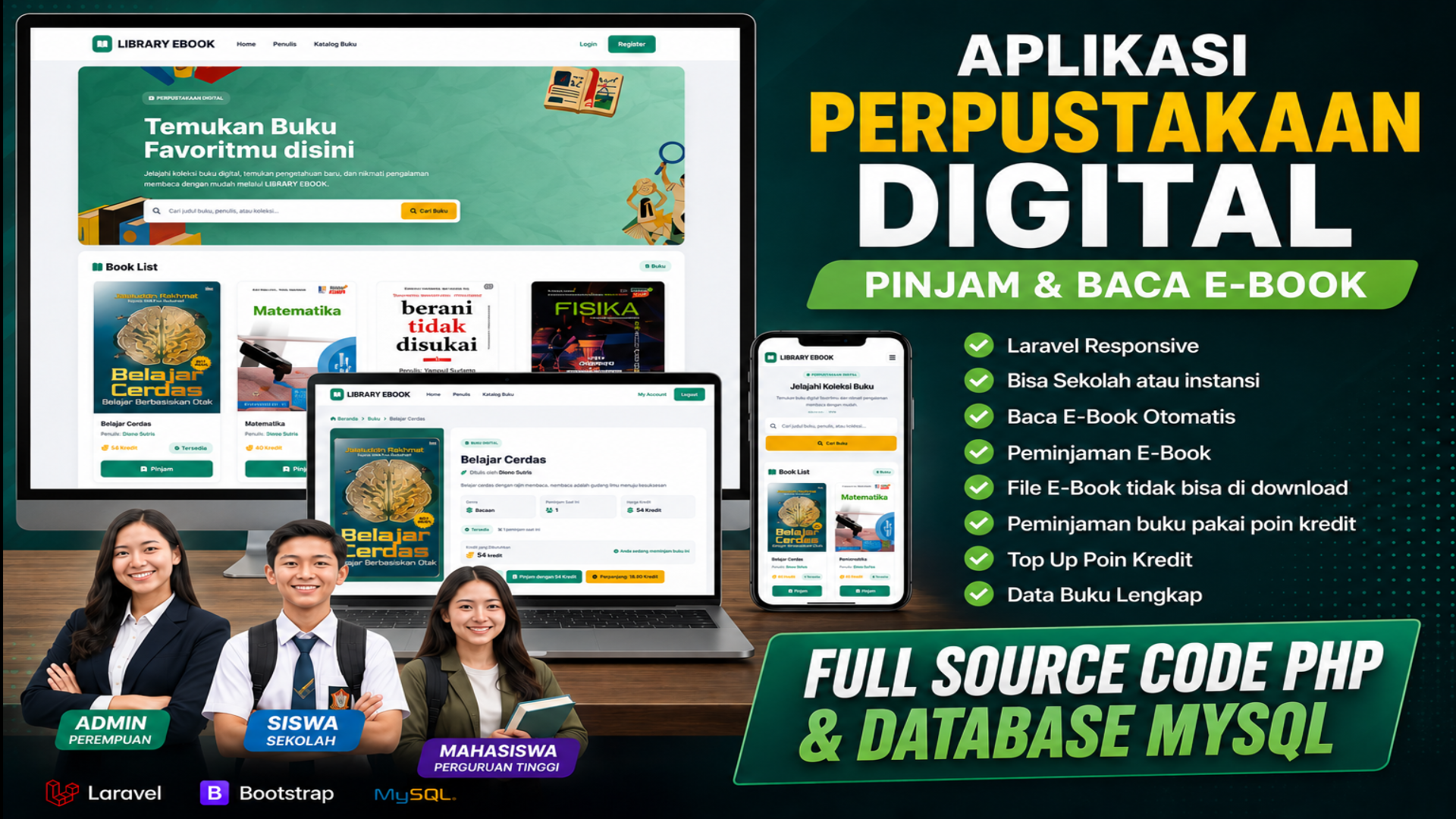 Source Code Aplikasi Perpustakaan Digital Laravel | Peminjaman & Baca E-Book | PHP & MySQL