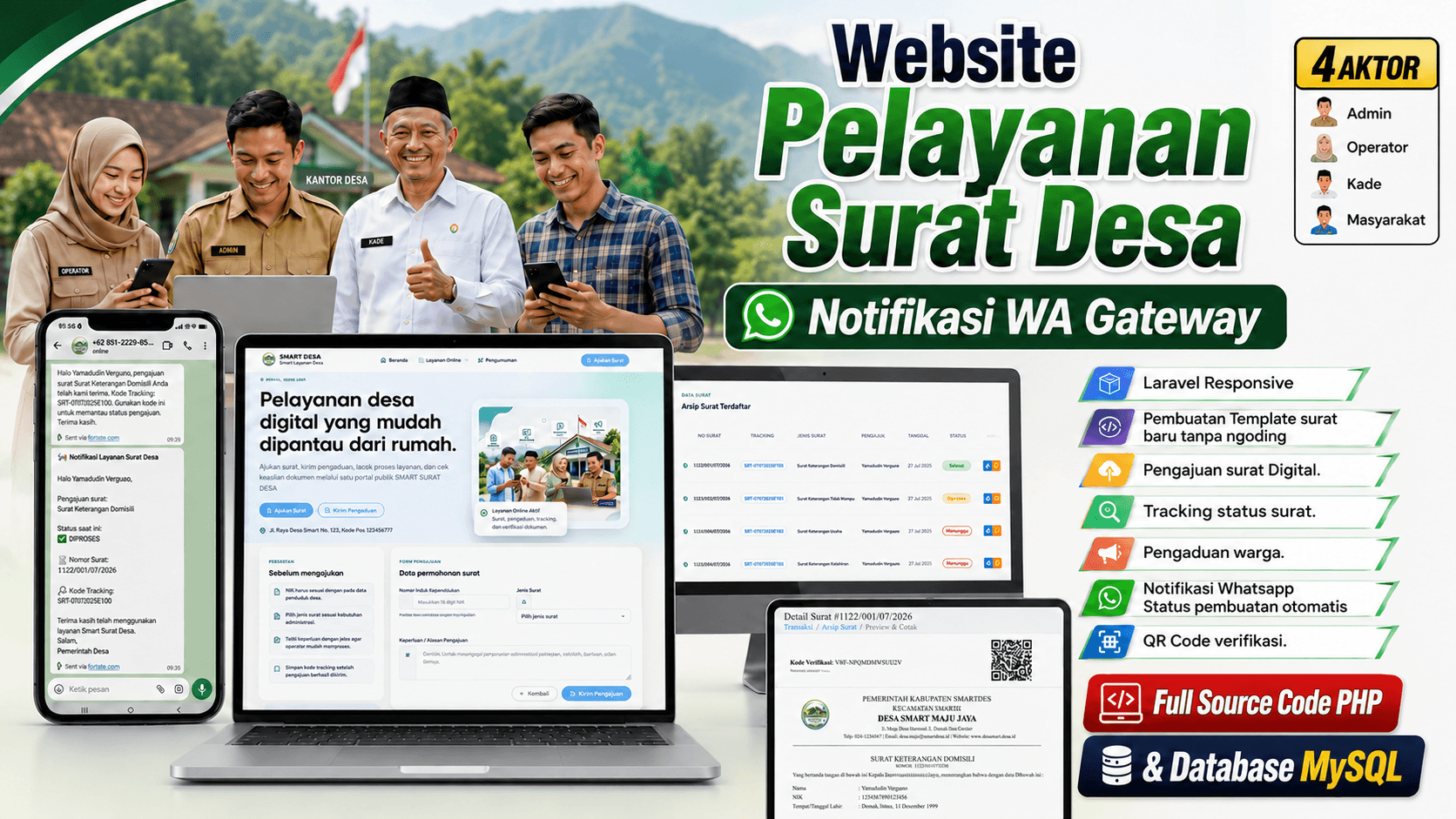 Source Code Website Pelayanan Desa Laravel | Surat Digital, WhatsApp Gateway, QR Code & Data Penduduk