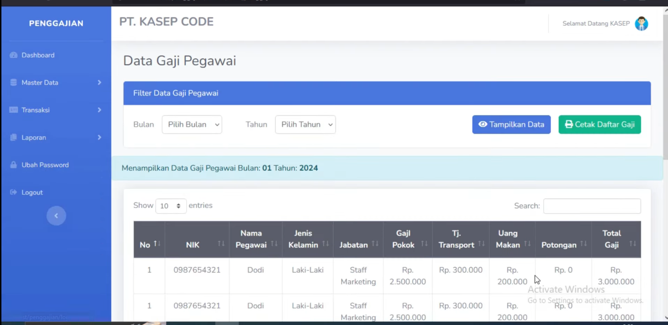 source Code PHP Sistem Penggajian Karyawan CodeIgniter