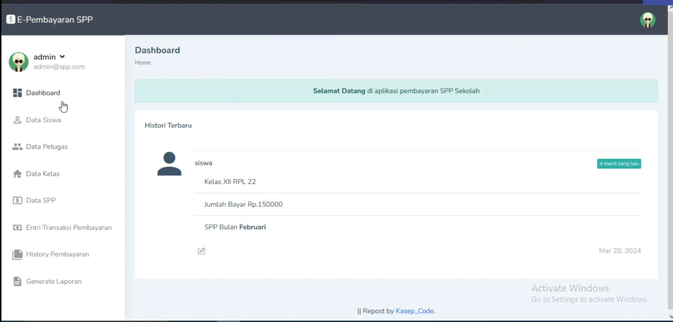 Website Sistem pembayaran SPP | Aplikasi Pembayaran Online | Laravel | Download source code