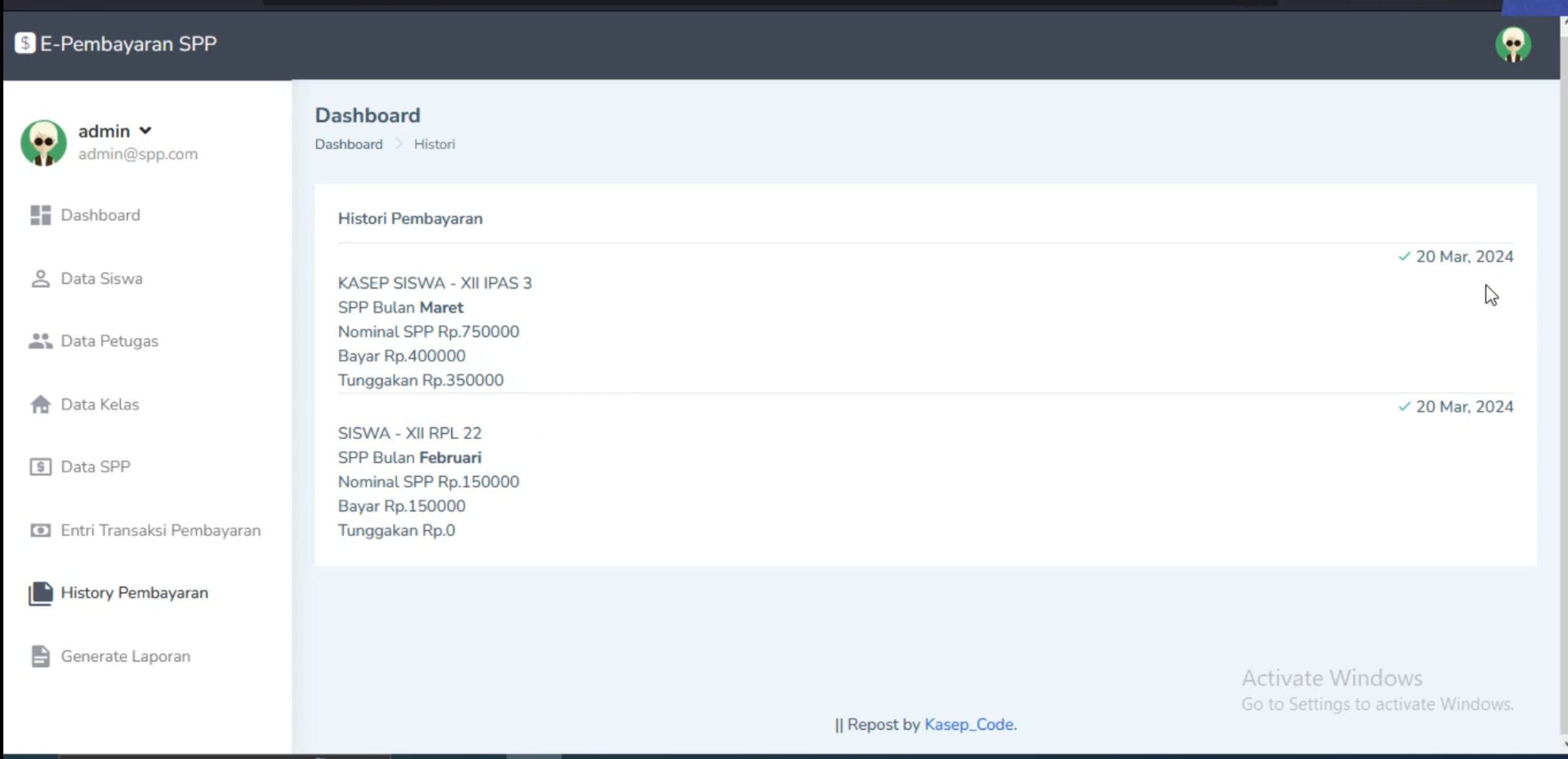 Website Sistem pembayaran SPP | Aplikasi Pembayaran Online | Laravel | Download source code
