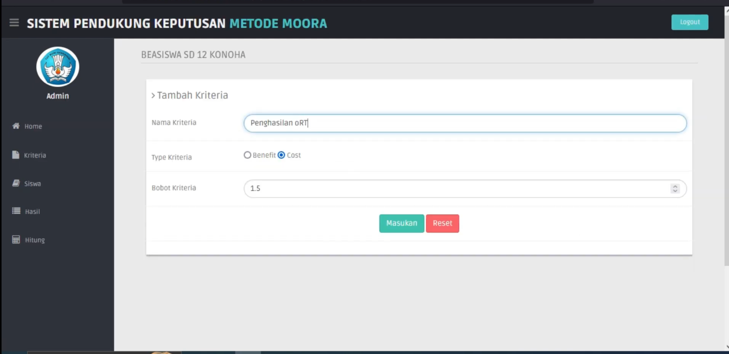 Website SPK Metode MOORA || Source Code SPK || SPK Pemilihan Penerima Beasiswa Metode MOORA
