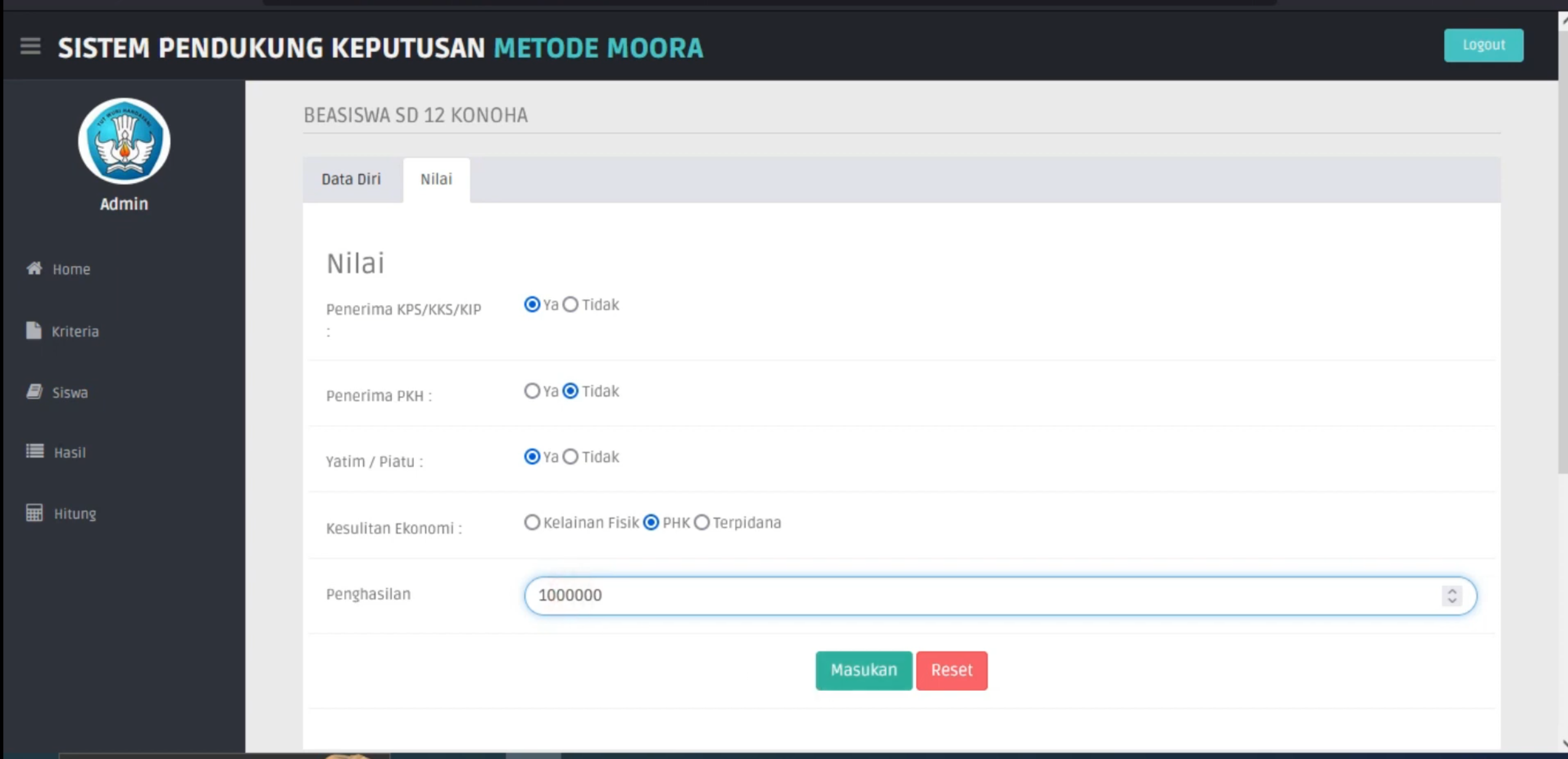Website SPK Metode MOORA || Source Code SPK || SPK Pemilihan Penerima Beasiswa Metode MOORA