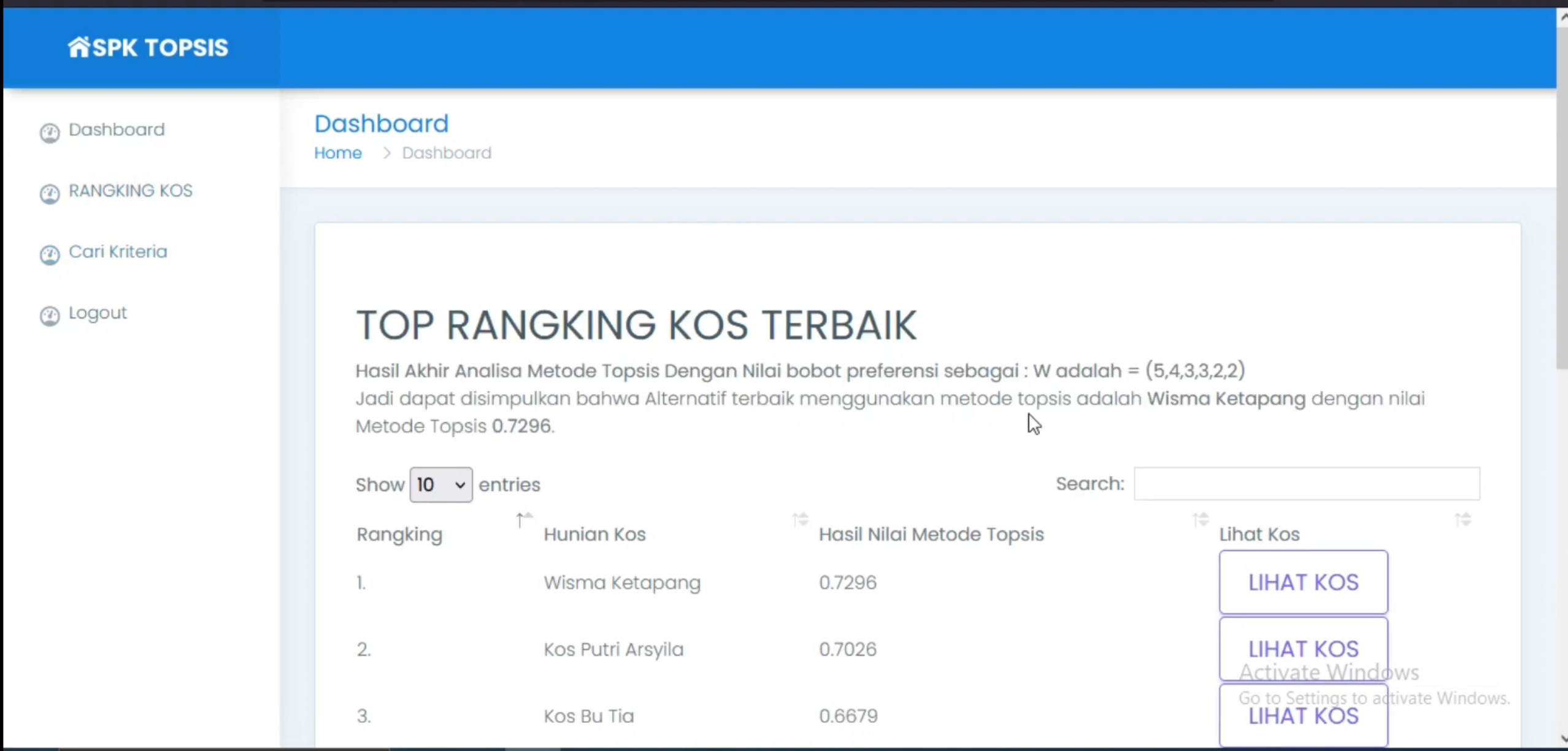 Website SPK TOPSIS | SPK Pemilihan Kos Terbaik Metode TOPSIS | Download Source Code Rekomendasi Kos| PHP MYSQL