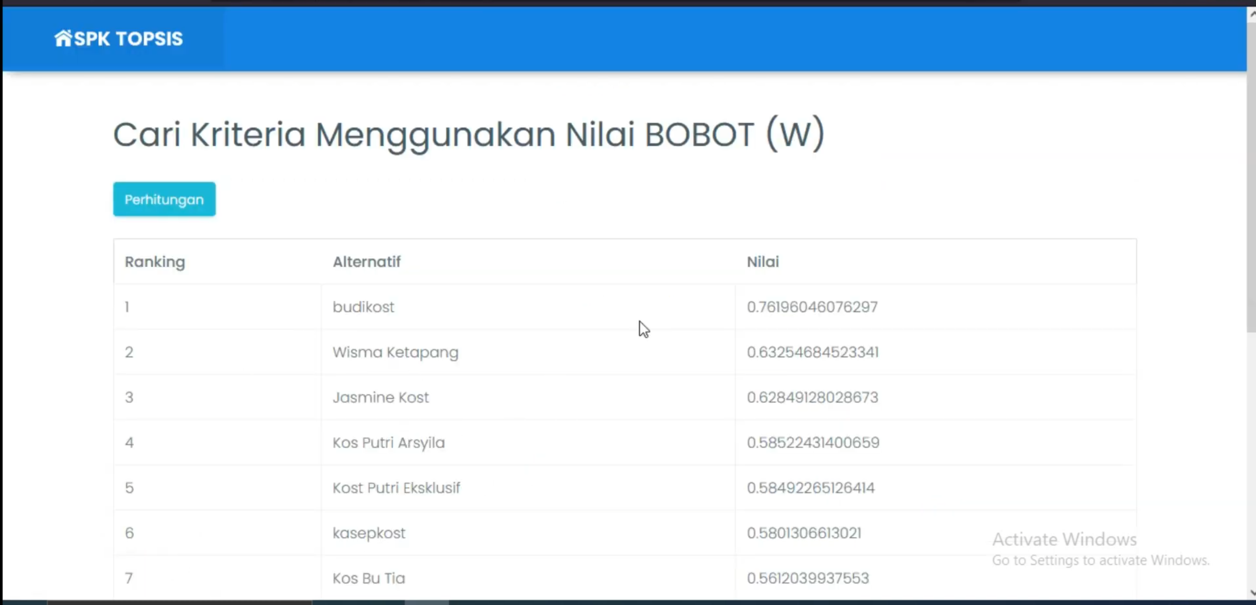 Website SPK TOPSIS | SPK Pemilihan Kos Terbaik Metode TOPSIS | Download Source Code Rekomendasi Kos| PHP MYSQL
