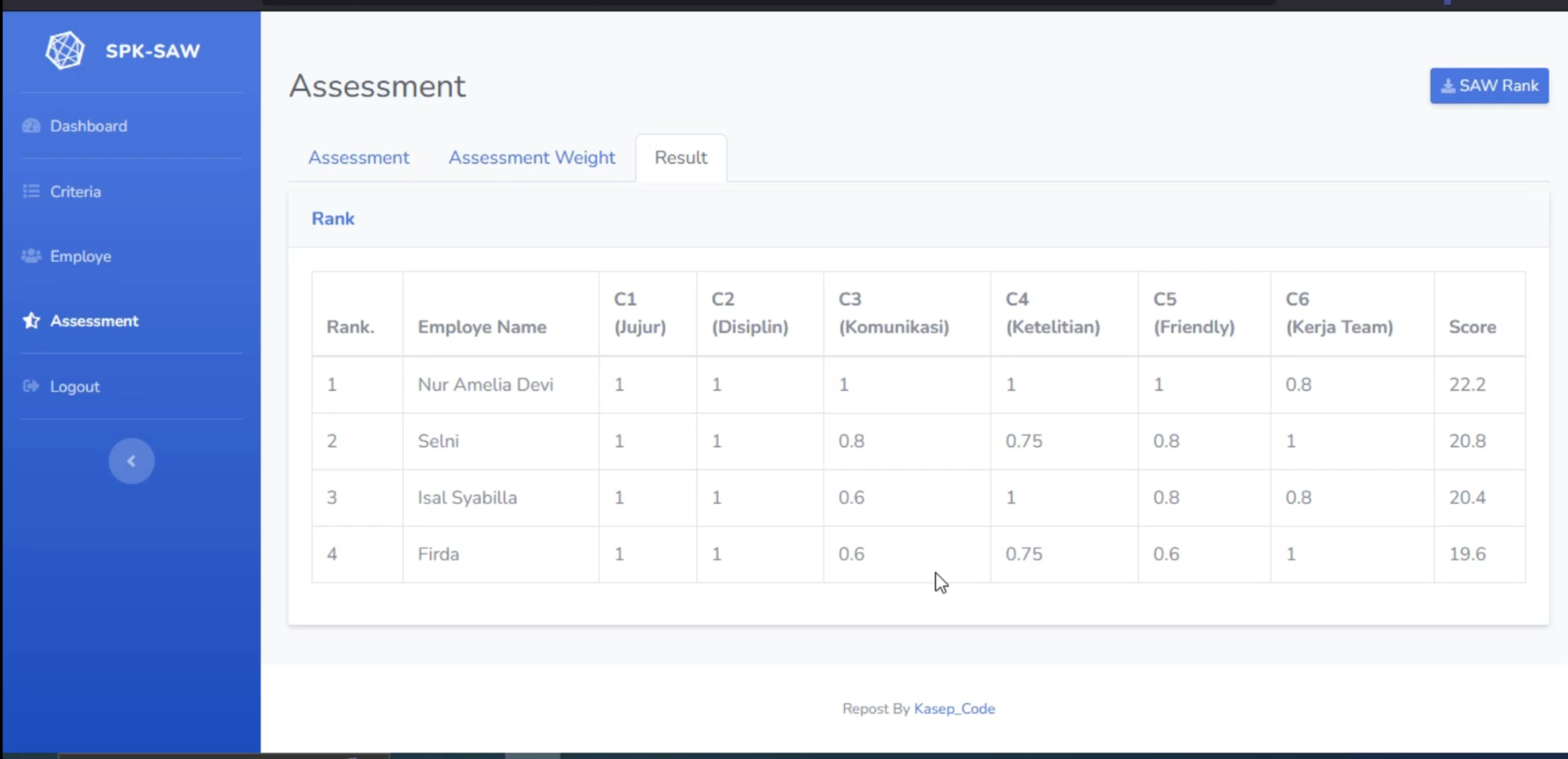 Website SPK SAW Framework Laravel  | SPK Pemilihan Karyawan Terbaik Metode SAW | Download Website spk saw