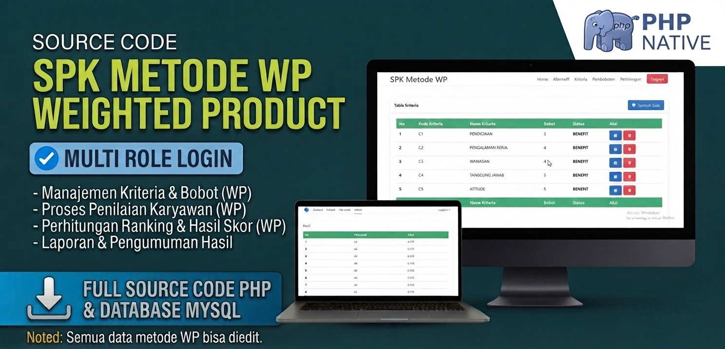 Website SPK metode WP Weighted Product  | Download Source Code | Source Code PHP | Coding PHP