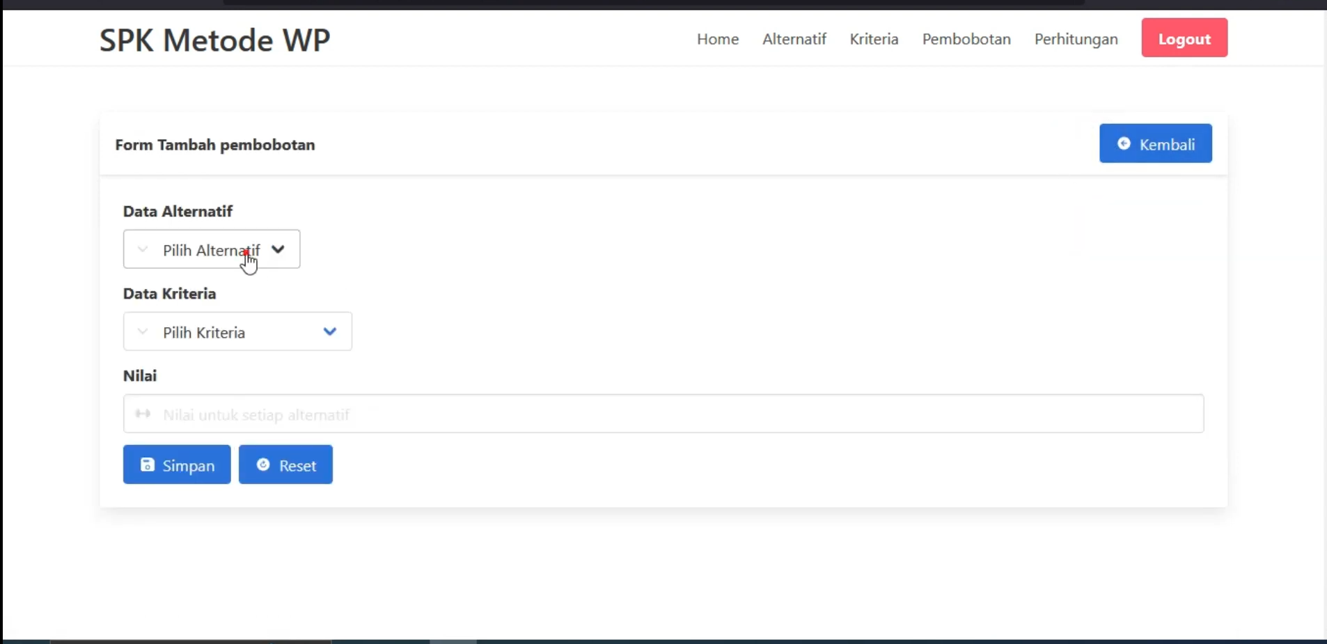 Website SPK metode WP Weighted Product  | Download Source Code | Source Code PHP | Coding PHP