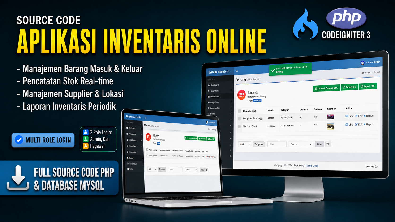 Aplikasi Inventaris Online | Source code inventaris CodeIgniter 3 | Download Sistem Inventaris| myql