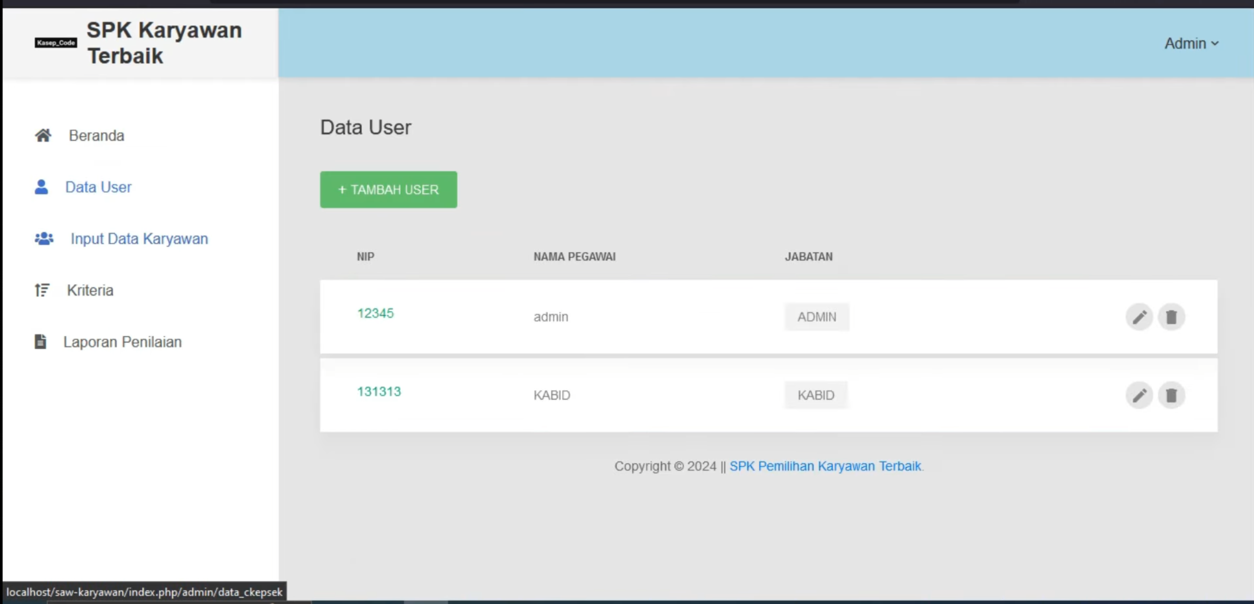 Website SPK SAW | Source Code SPK Penilaian Pegawai SAW | SPK SAW Pemilihan Pegawai Terbaik | Ci3