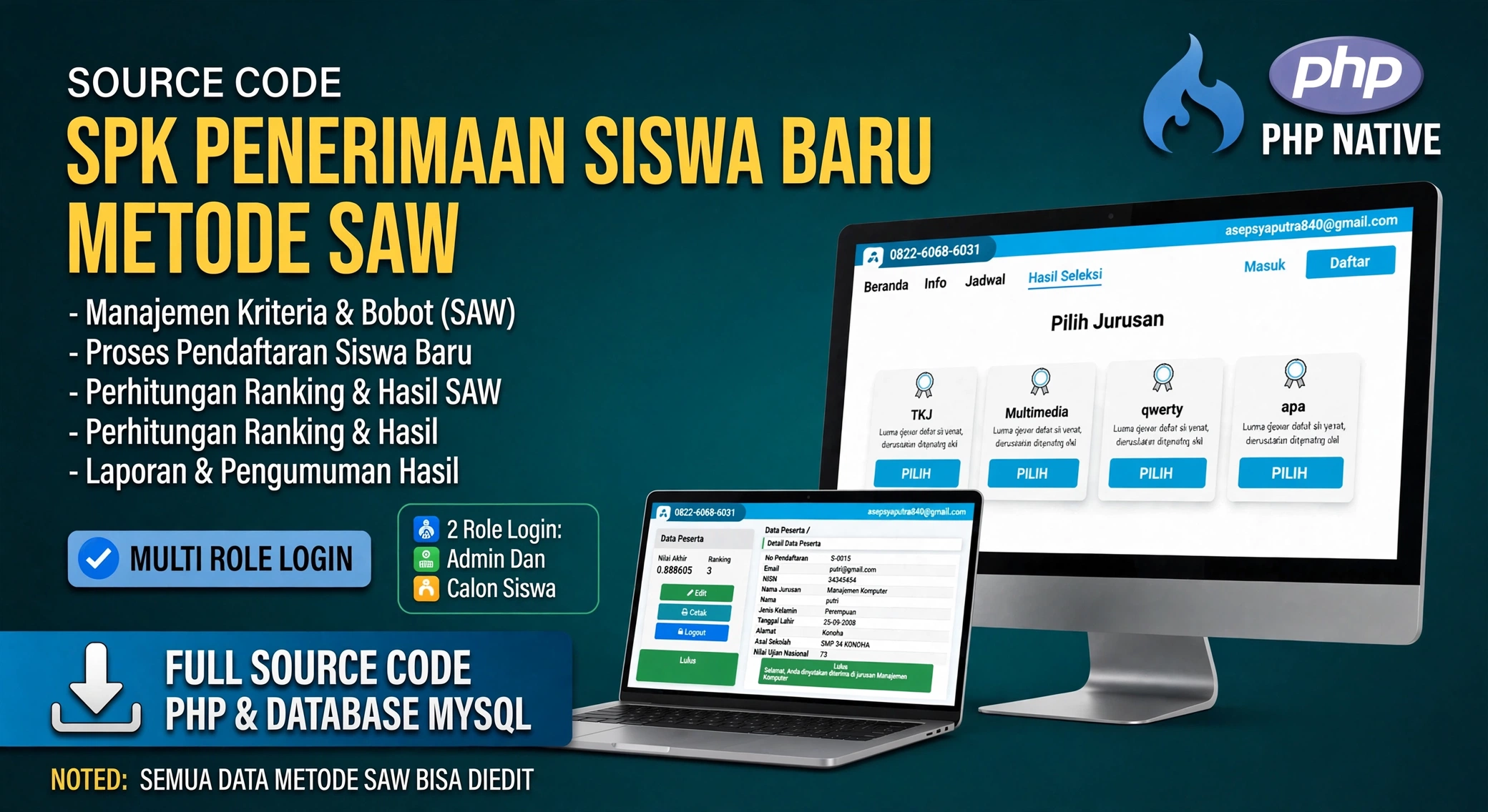 PPDB Online | Source Code SPK PPDB Metode SAW | Download Aplikasi PPDB menggunakan Metode SAW | PHP