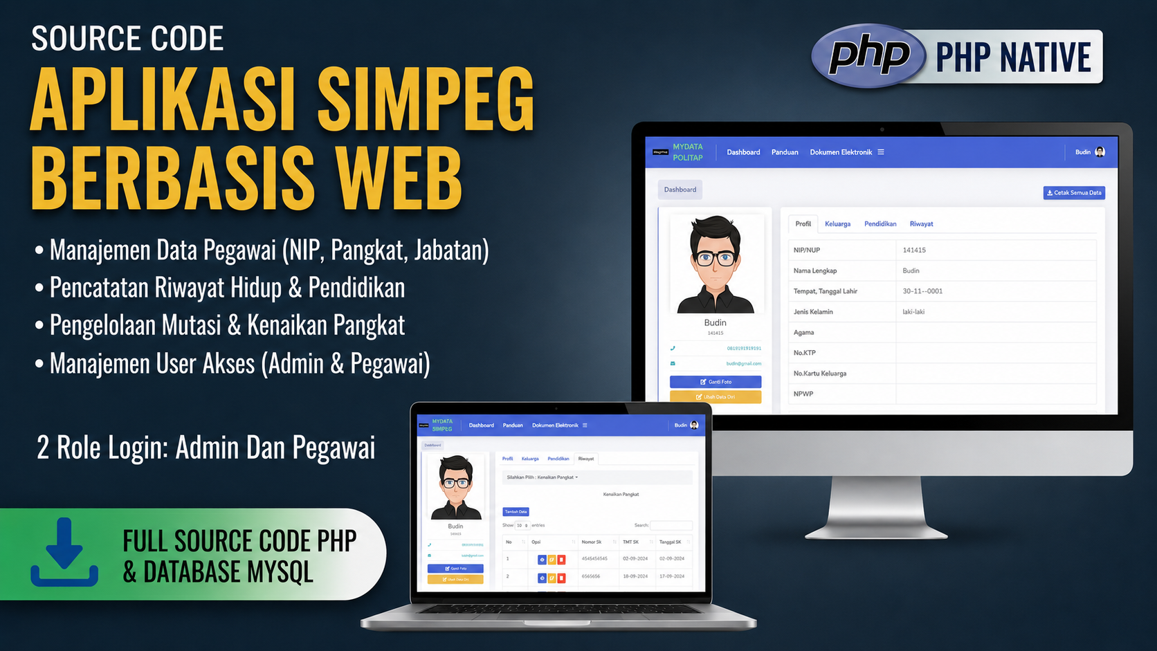 Source Code SIMPEG PHP MySQL Terbaru| Aplikasi SIMPEG | Sistem Informasi Kepegawaian | PHP Native