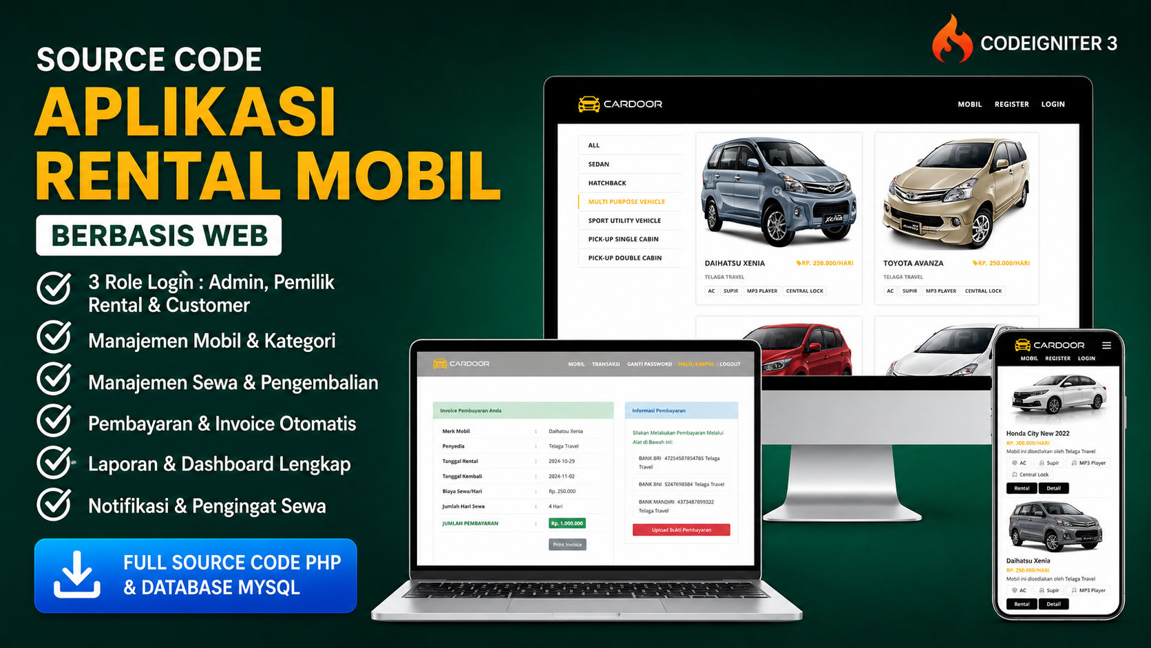 Aplikasi Rental Mobil CodeIgniter 3 | Download Source Code Rental| Sistem Rental Mobil PHP mysql CI3