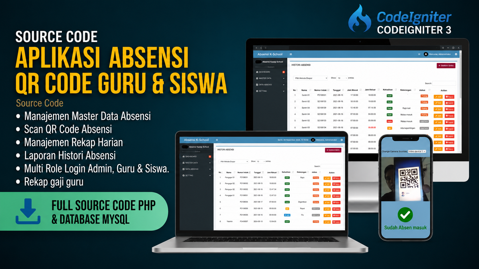 Aplikasi Absensi QR code | Source Code Aplikasi Absensi Sekolah QR Code | Codeigniter 3| Rekap Gaji
