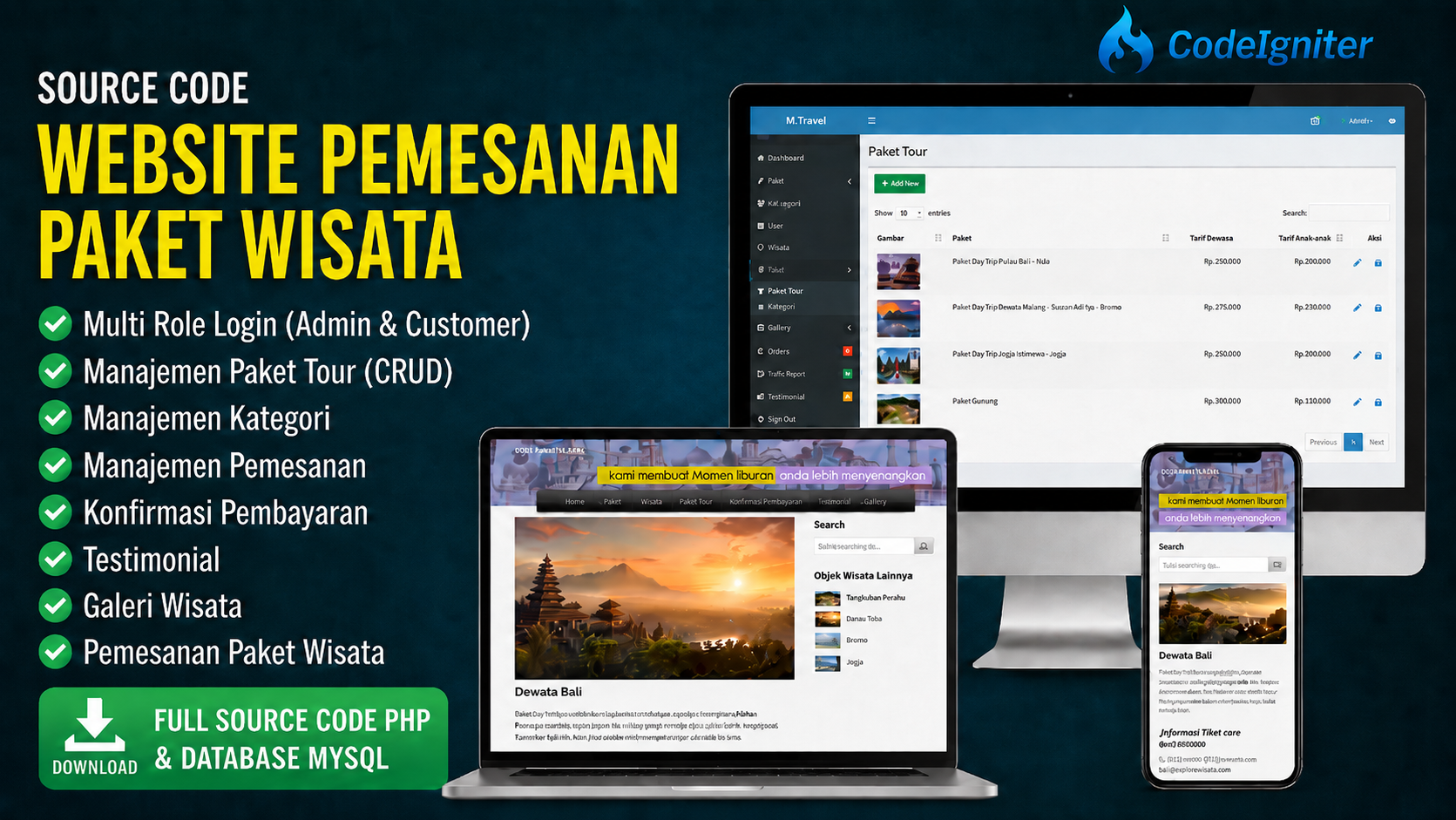 Aplikasi Pemesanan Paket Wisata | Source Code Website Pemesanan Paket Wisata CodeIgniter 3 | MysqL