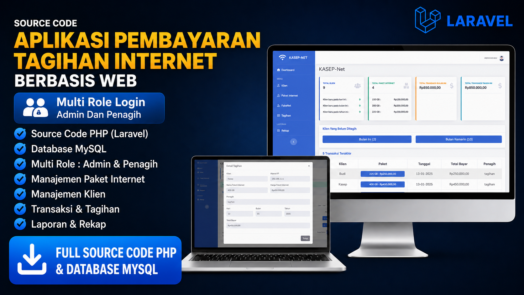 Source Code Aplikasi Pembayaran Tagihan Internet | Website Sistem Pembayaran WiFi | Laravel PHP