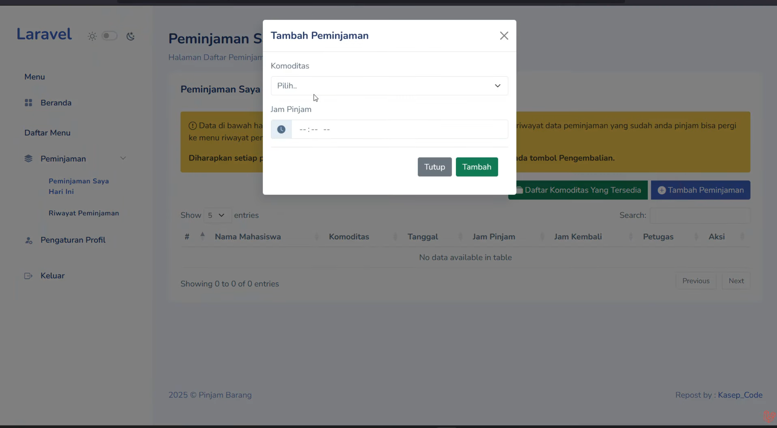 Source code website peminjaman barang | Download source code aplikasi peminjaman barang | Laravel
