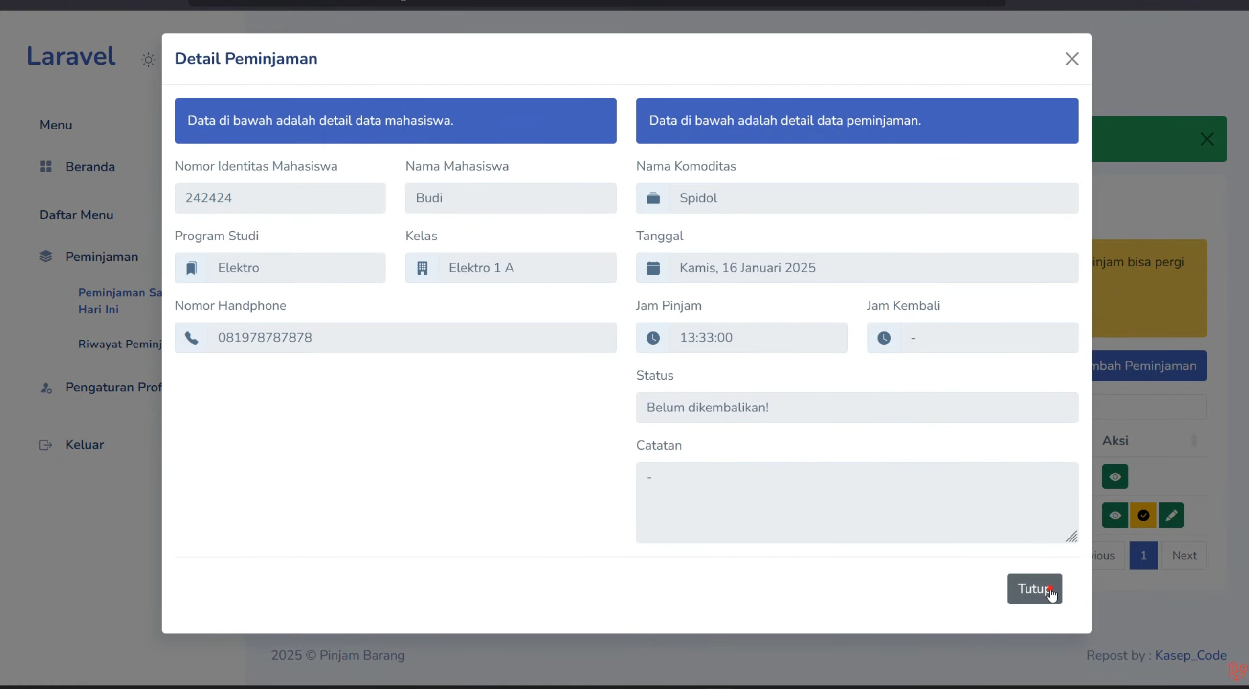 Source code website peminjaman barang | Download source code aplikasi peminjaman barang | Laravel