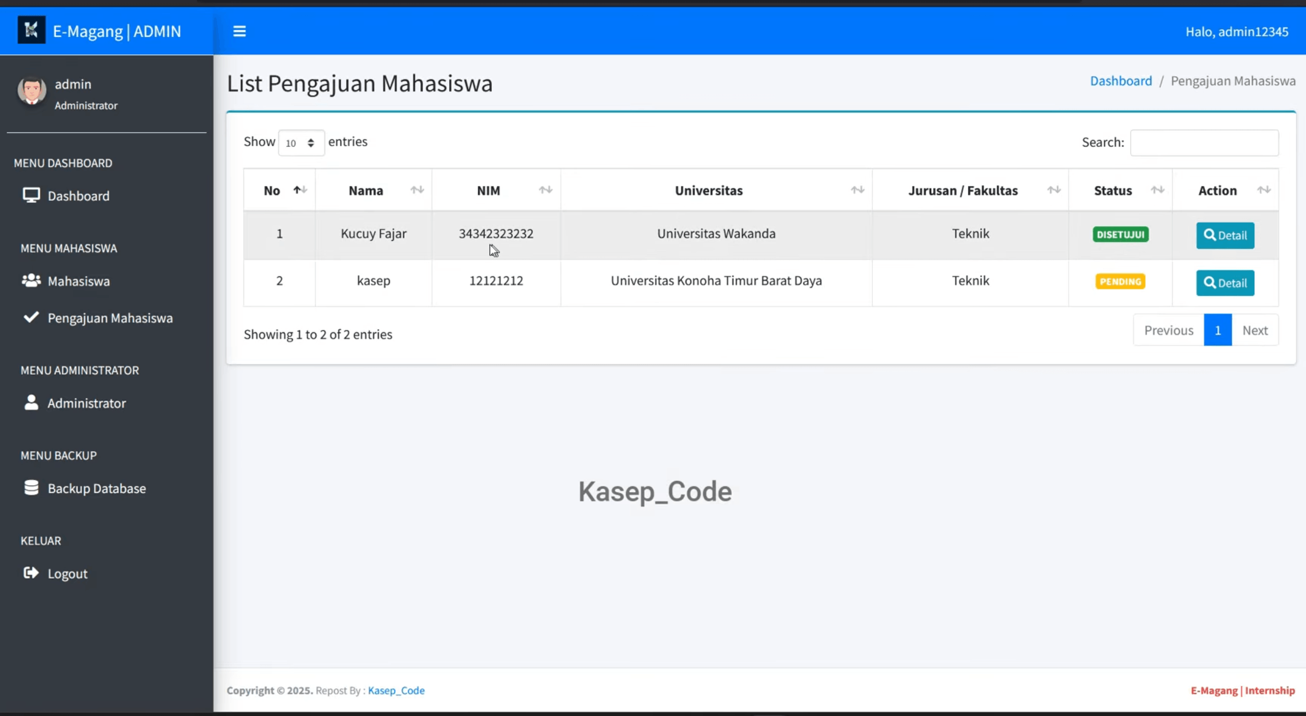 Source code website magang | Source code aplikasi pendaftaran magang | Website Magang Codeigniter 3
