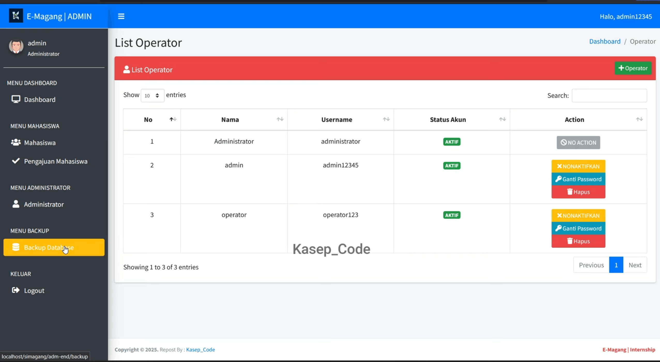 Source code website magang | Source code aplikasi pendaftaran magang | Website Magang Codeigniter 3