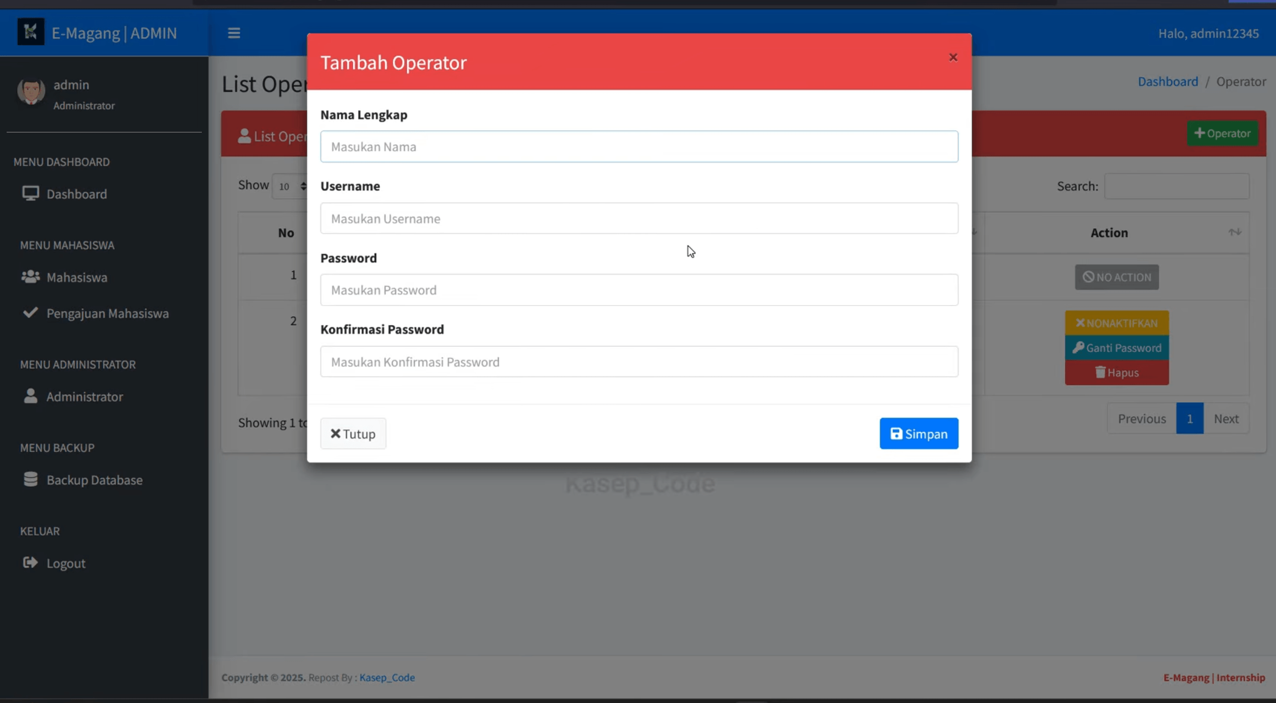 Source code website magang | Source code aplikasi pendaftaran magang | Website Magang Codeigniter 3