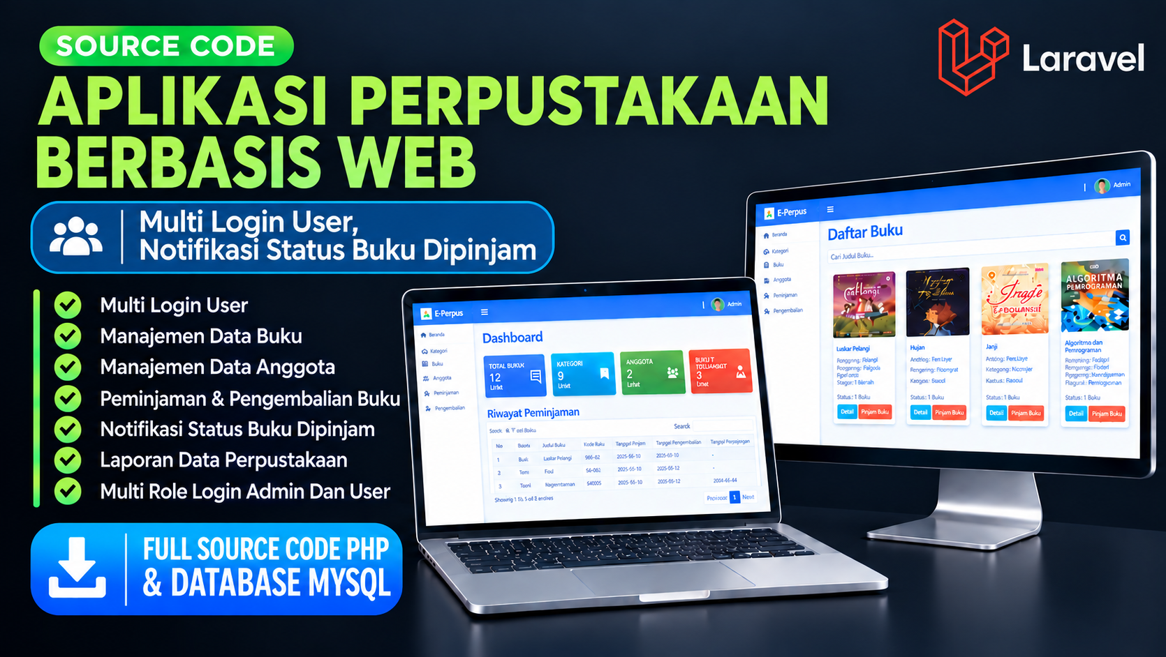 Website perpustakaan dengan PHP dan MySQL | Download source code aplikasi perpustakaan Laravel