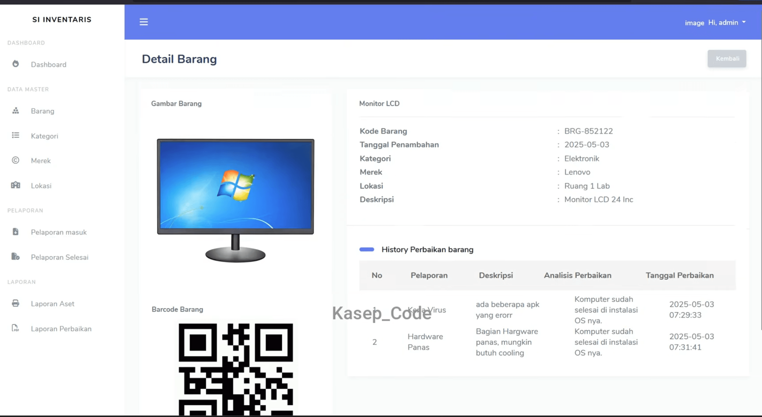 Source Code website Pelaporan Barang QR Code | Source Code Aplikasi Inventaris Scan QR Code Laravel