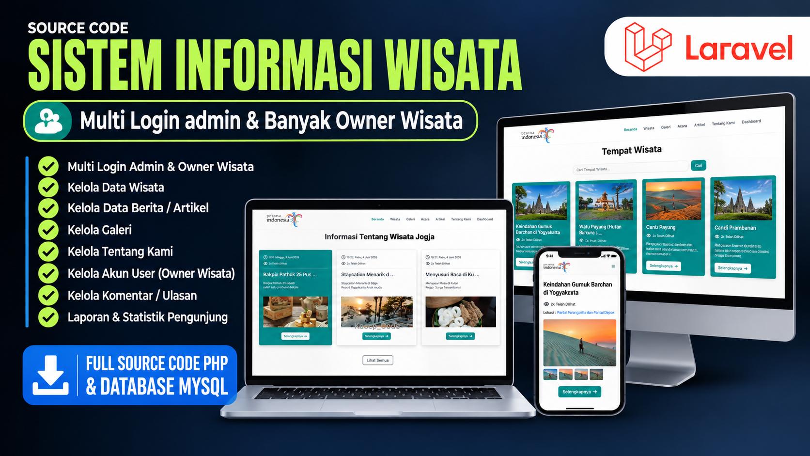 Source Code Laravel Website Wisata | Website Pariwisata Laravel | Sistem Pengelolaan Wisata Laravel