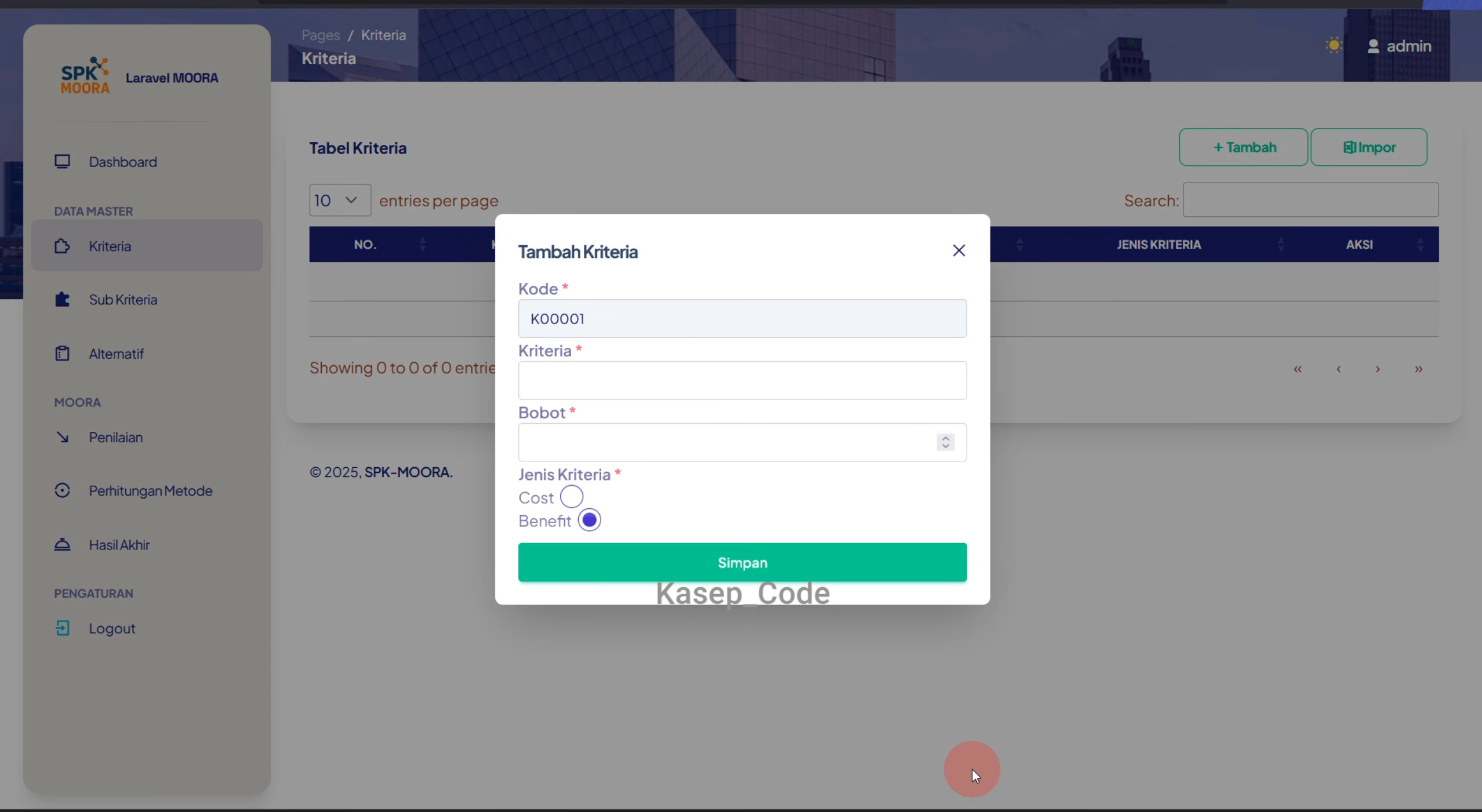 Source Code SPK Metode MOORA Laravel | Download Source Code SPK MOORA + Jurnal Perhitungan Manual