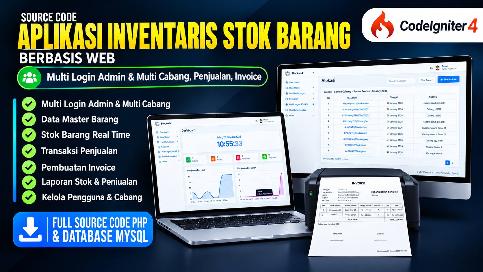 Source Code Inventaris Stok Barang PHP CodeIgniter 4 + Print Invoice | Aplikasi Manajemen Stok CI4