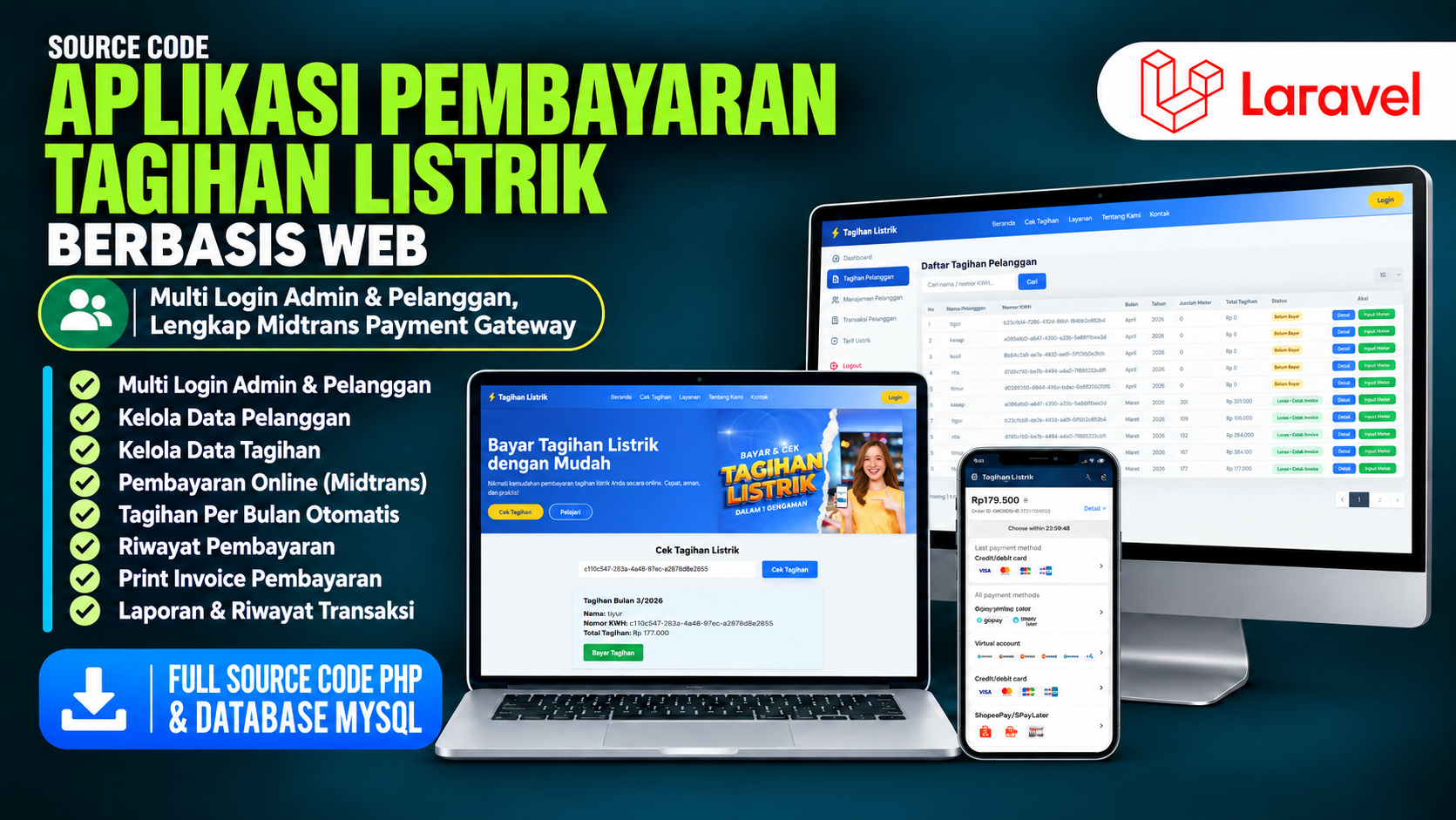 Source Code Website Pembayaran Listrik Midtrans Payment Gateway PHP| Aplikasi Tagihan Listrik Online