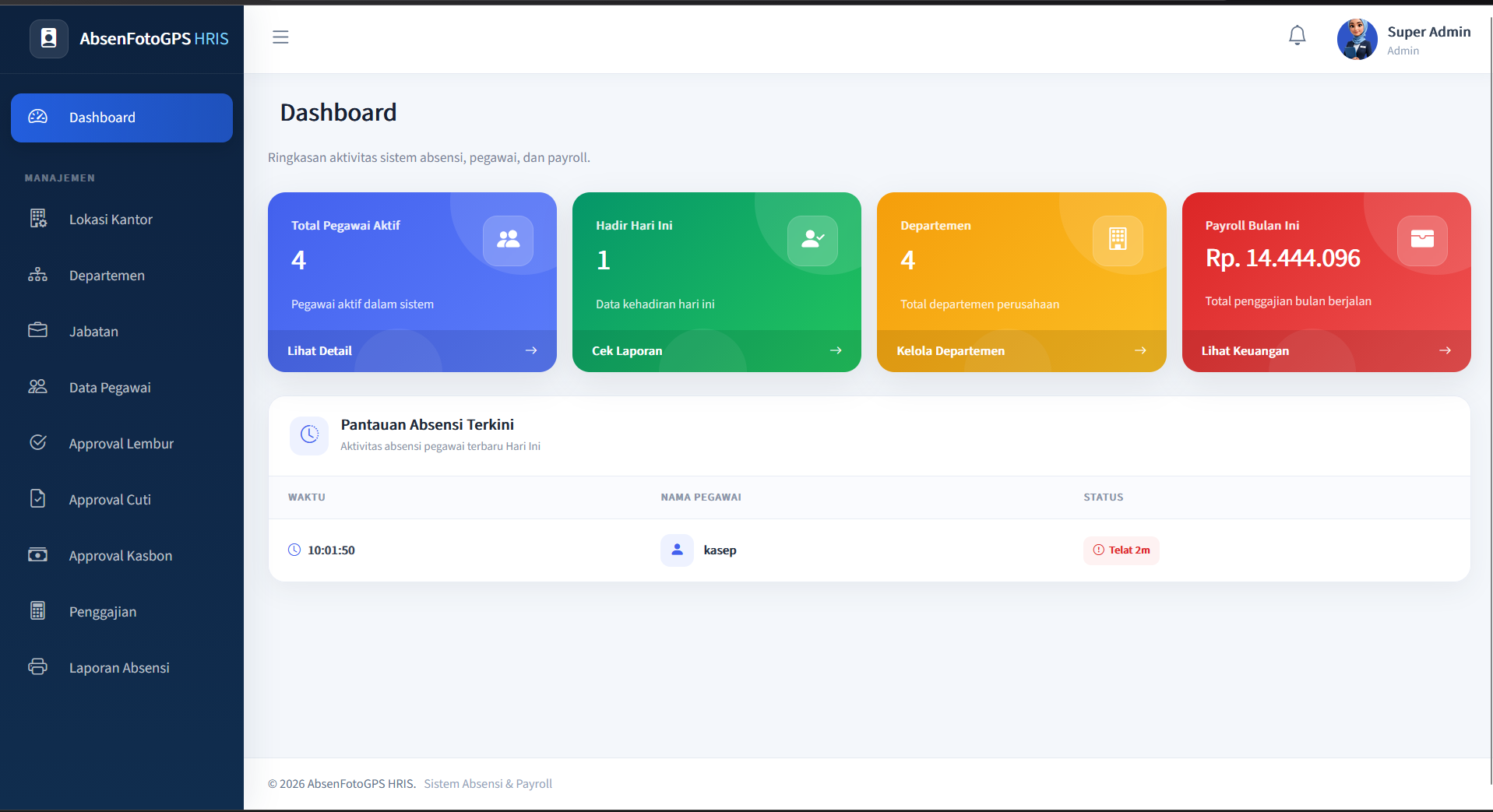 Source Code Aplikasi Absensi Online Face Recognition + GPS | Selfie, Lembur & Gaji | Aplikasi HRIS | Aplikasi Absensi Pengenalan Wajah